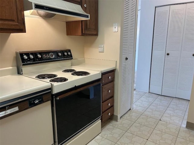 5715 Beacon St Unit 511, Squirrel Hill, PA 15217 - kitchen featuring range with electric cooktop, ventilation hood, dishwashing machine, light countertops, and dark brown cabinets