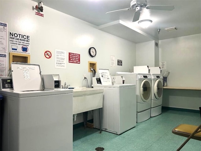 5715 Beacon St Unit 511, Squirrel Hill, PA 15217 - community laundry room featuring tile patterned floors, washer and dryer, and a ceiling fan