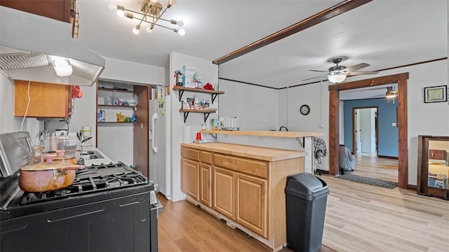 117 Carroll St, Aliquippa, PA 15001 - kitchen featuring extractor fan, stainless steel range with gas cooktop, open shelves, ceiling fan, and light wood-style flooring