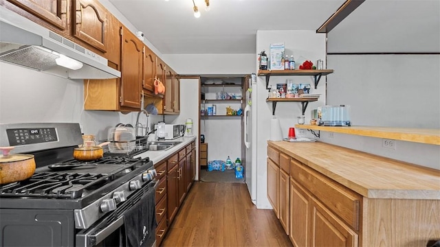 117 Carroll St, Aliquippa, PA 15001 - kitchen with stainless steel gas range, under cabinet range hood, open shelves, and dark wood finished floors
