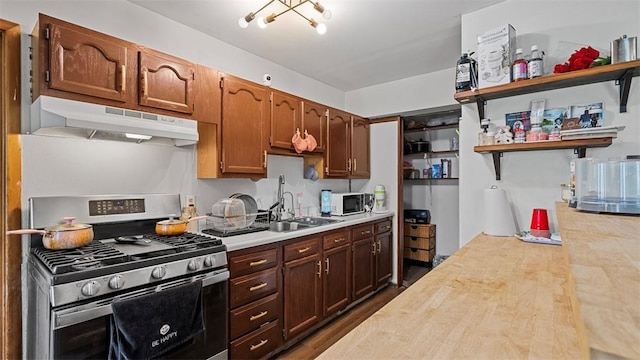 117 Carroll St, Aliquippa, PA 15001 - kitchen with stainless steel range with gas stovetop, under cabinet range hood, open shelves, and dark wood-style floors