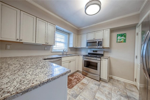 6833 Meade St Unit 17, Point Breeze, PA 15208 - kitchen with stainless steel appliances, light stone counters, crown molding, and light stone finish flooring