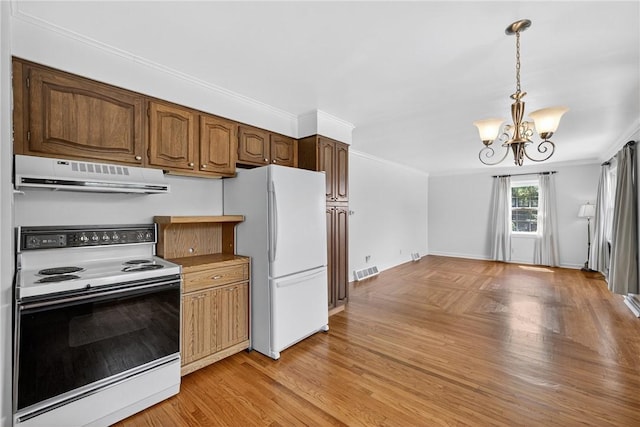 17 Fremont Rd, Pa, PA 15022 - kitchen with white appliances, ventilation hood, a chandelier, crown molding, and decorative light fixtures