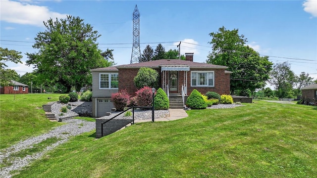 17 Fremont Rd, Pa, PA 15022 - view of front of home with an attached garage, a front yard, driveway, brick siding, and a chimney