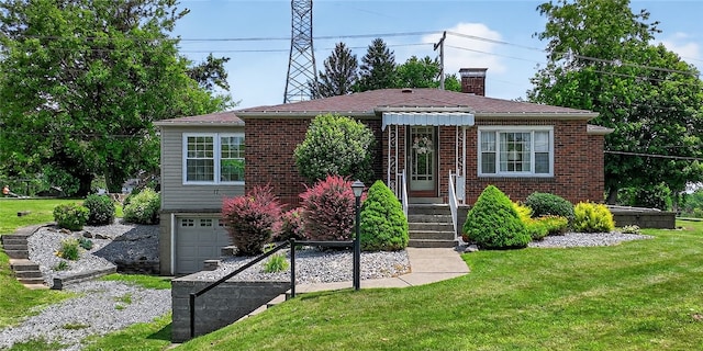 17 Fremont Rd, Pa, PA 15022 - view of front facade featuring a chimney, a front lawn, a garage, and brick siding