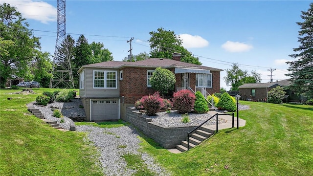 17 Fremont Rd, Pa, PA 15022 - view of front of home with stairway, driveway, a front lawn, an attached garage, and a chimney
