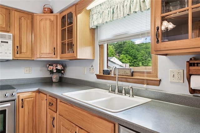 207 State Park Rd, New Alexandria, PA 15670 - kitchen featuring electric stove, white microwave, and glass insert cabinets