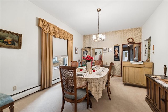 340 Weldon St, Latrobe, PA 15650 - dining space featuring a baseboard radiator, light carpet, a chandelier, and wallpapered walls