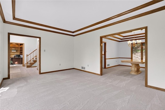 408 Bryn Ct, Ross Twp, PA 15237 - unfurnished room with ornamental molding, carpet flooring, a chandelier, stairway, and a raised ceiling