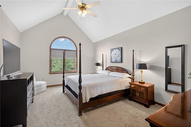 408 Bryn Ct, Ross Twp, PA 15237 - bedroom featuring light carpet, ceiling fan, high vaulted ceiling, and beamed ceiling