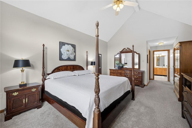 408 Bryn Ct, Ross Twp, PA 15237 - bedroom featuring light carpet, high vaulted ceiling, ceiling fan, and connected bathroom