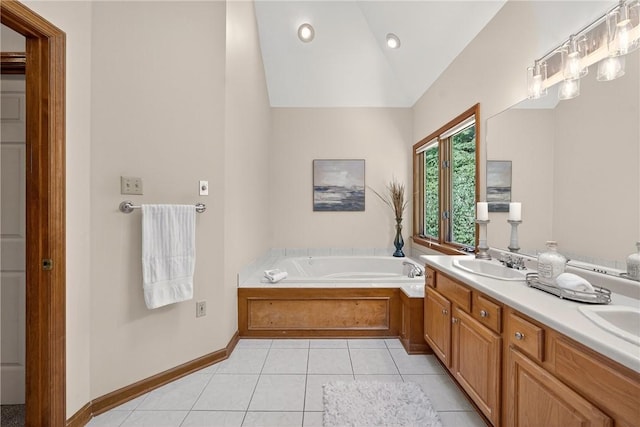408 Bryn Ct, Ross Twp, PA 15237 - full bathroom featuring vaulted ceiling, tile patterned flooring, a garden tub, double vanity, and recessed lighting