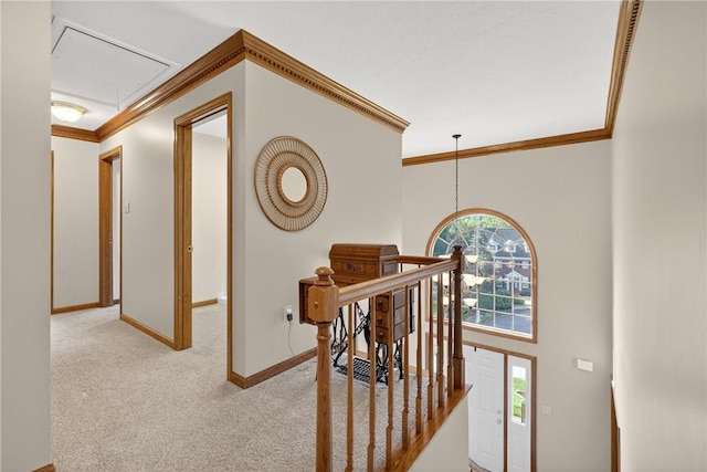 408 Bryn Ct, Ross Twp, PA 15237 - corridor with an upstairs landing, attic access, ornamental molding, and carpet floors
