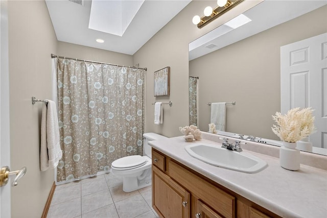 408 Bryn Ct, Ross Twp, PA 15237 - bathroom featuring a skylight, tile patterned flooring, vanity, and a shower with curtain