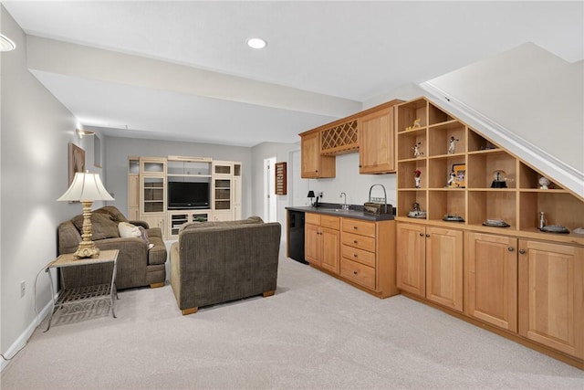 408 Bryn Ct, Ross Twp, PA 15237 - living room with light colored carpet, recessed lighting, and bar with sink