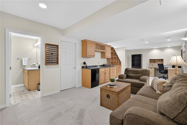 408 Bryn Ct, Ross Twp, PA 15237 - living room featuring wet bar, light colored carpet, a desk, and recessed lighting
