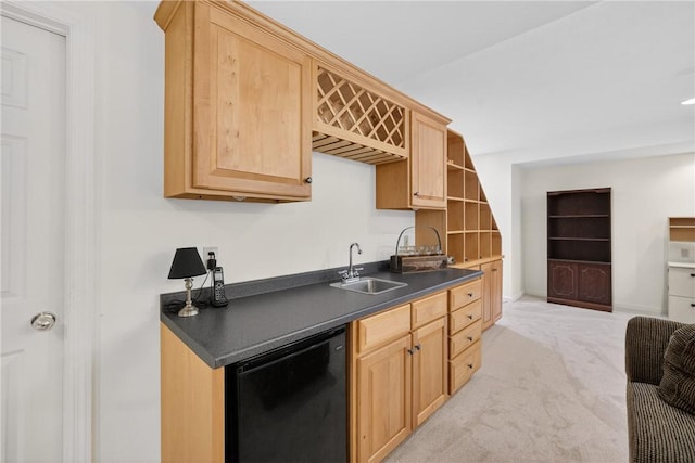 408 Bryn Ct, Ross Twp, PA 15237 - kitchen with dishwasher, dark countertops, light colored carpet, and light brown cabinets
