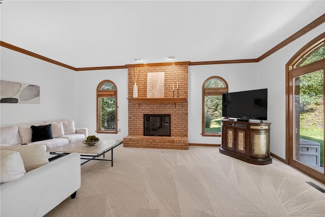 408 Bryn Ct, Ross Twp, PA 15237 - carpeted living room featuring healthy amount of natural light, crown molding, and a fireplace
