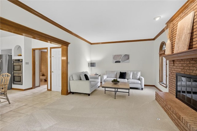408 Bryn Ct, Ross Twp, PA 15237 - living area with ornamental molding, a brick fireplace, light carpet, and light tile patterned flooring