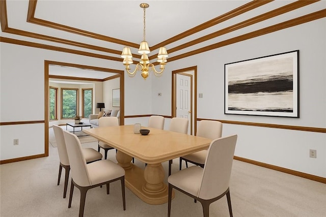 408 Bryn Ct, Ross Twp, PA 15237 - dining area with a raised ceiling, ornamental molding, a chandelier, and light colored carpet