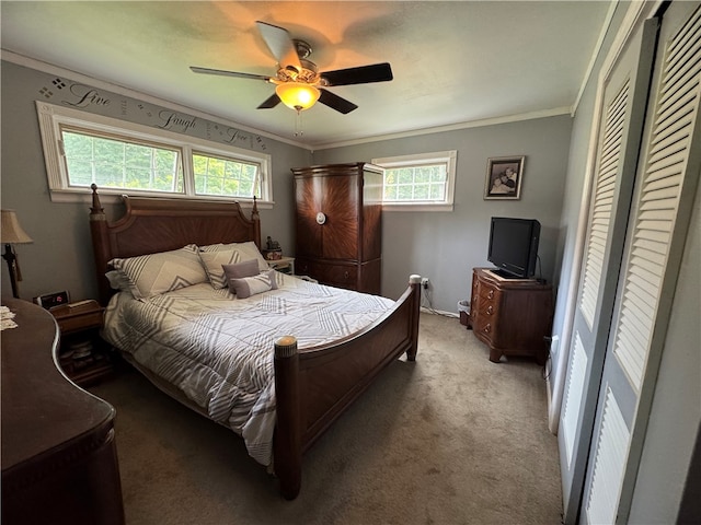 169 Orchard Dr, Brighton Twp, PA 15009 - bedroom with multiple windows, ornamental molding, light colored carpet, a ceiling fan, and a closet
