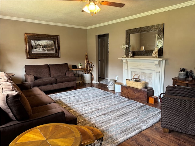 169 Orchard Dr, Brighton Twp, PA 15009 - living area with wood finished floors, crown molding, a ceiling fan, and a fireplace
