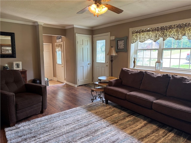169 Orchard Dr, Brighton Twp, PA 15009 - living area with wood finished floors, a ceiling fan, and crown molding