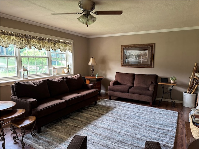 169 Orchard Dr, Brighton Twp, PA 15009 - living area with ceiling fan, wood finished floors, ornamental molding, and a textured ceiling