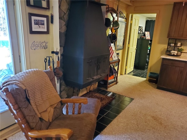 169 Orchard Dr, Brighton Twp, PA 15009 - living room with a wood stove and carpet floors