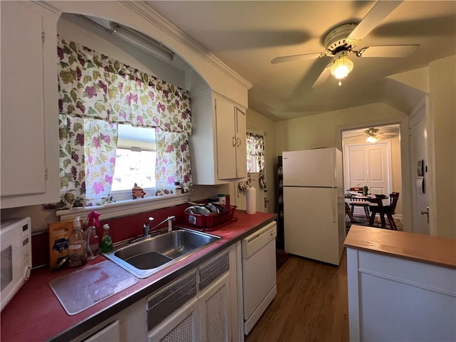 1104 Jefferson St, Mckeesport, PA 15132 - kitchen with white appliances, ceiling fan, wood finished floors, butcher block countertops, and white cabinets