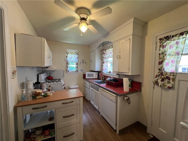 1104 Jefferson St, Mckeesport, PA 15132 - kitchen with white appliances, a ceiling fan, dark wood finished floors, and white cabinetry