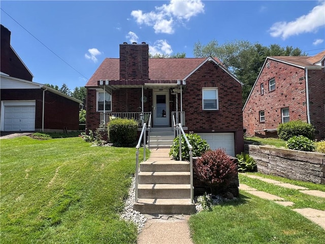1104 Jefferson St, Mckeesport, PA 15132 - view of front of house with a front lawn, brick siding, a chimney, an attached garage, and covered porch