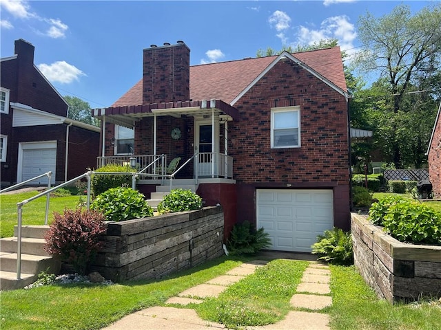 1104 Jefferson St, Mckeesport, PA 15132 - view of front of house with brick siding, an attached garage, a chimney, driveway, and roof with shingles