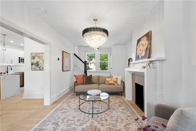 3246 Piedmont Ave, Dormont, PA 15216 - living room featuring a chandelier, a fireplace, and stairs