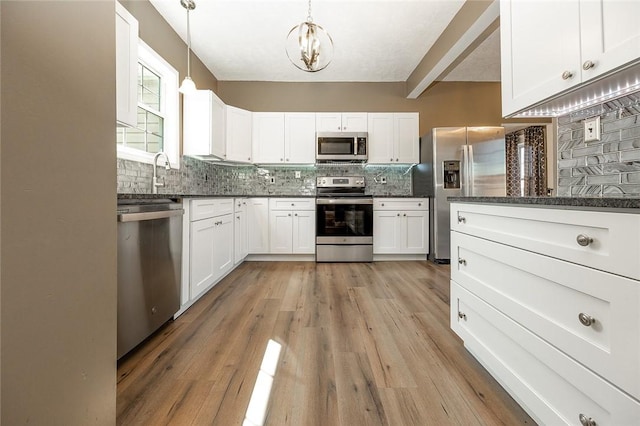 413 Spring St, Grove City Boro, PA 16127 - kitchen with appliances with stainless steel finishes, backsplash, white cabinetry, light wood-style floors, and a chandelier