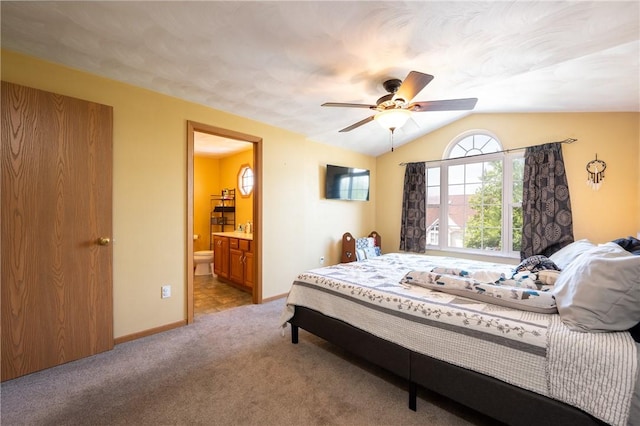 318 Links Ct, Salem Twp Wml, PA 15626 - bedroom featuring vaulted ceiling, light carpet, ensuite bathroom, and a ceiling fan