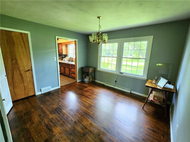 1426 S Darby Rd, Hermitage, PA 16148 - unfurnished dining area with a chandelier, a baseboard radiator, and dark wood-type flooring