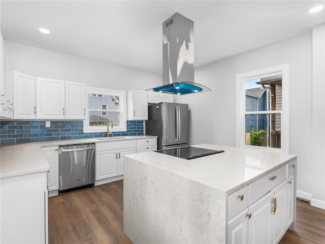 710 7th Ave, New Brighton, PA 15066 - kitchen featuring stainless steel appliances, island range hood, dark wood-type flooring, backsplash, and a kitchen island