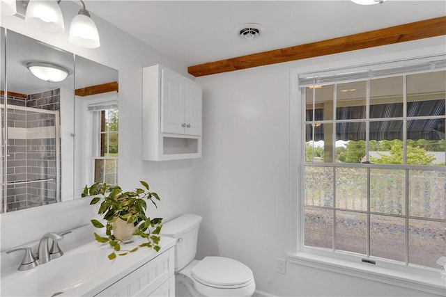 2161/2 Robin Hood Dr, Irwin, PA 15642 - bathroom with a stall shower, vanity, and beamed ceiling