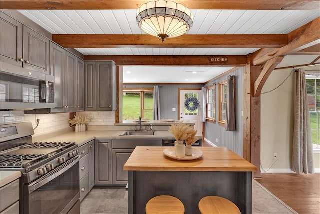 2161/2 Robin Hood Dr, Irwin, PA 15642 - kitchen featuring stainless steel appliances, butcher block countertops, gray cabinetry, tasteful backsplash, and light wood-type flooring