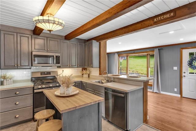 2161/2 Robin Hood Dr, Irwin, PA 15642 - kitchen featuring appliances with stainless steel finishes, butcher block countertops, decorative backsplash, a peninsula, and beam ceiling