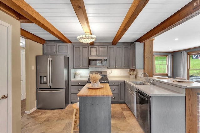 2161/2 Robin Hood Dr, Irwin, PA 15642 - kitchen with stainless steel appliances, wooden counters, gray cabinets, beam ceiling, and decorative backsplash