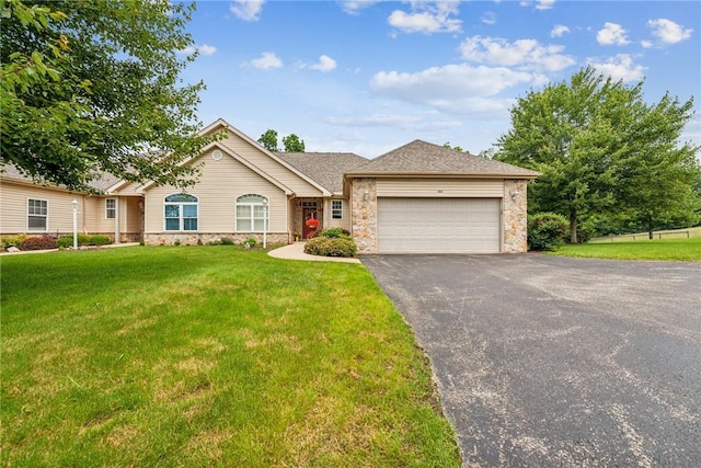 6092 Triple Crown Cir, Hempfield Twp, PA 15601 - single story home with driveway, an attached garage, stone siding, and a front lawn