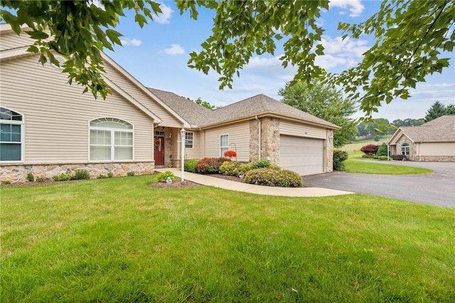 6092 Triple Crown Cir, Hempfield Twp, PA 15601 - ranch-style house featuring stone siding, driveway, an attached garage, and a front yard
