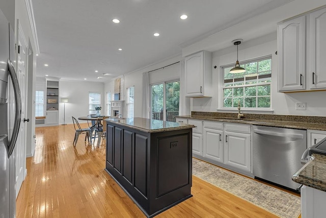 642 Water View Dr, Cranberry Twp, PA 16066 - kitchen featuring dishwasher, white cabinetry, freestanding refrigerator, dark stone countertops, and recessed lighting