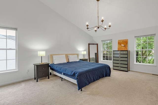 642 Water View Dr, Cranberry Twp, PA 16066 - bedroom featuring a chandelier, multiple windows, carpet floors, and high vaulted ceiling