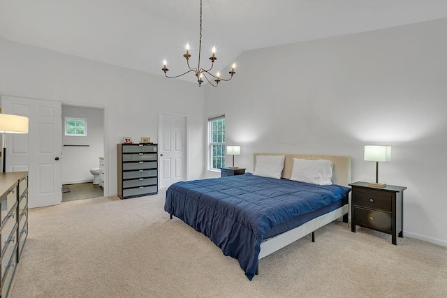 642 Water View Dr, Cranberry Twp, PA 16066 - bedroom featuring a chandelier, multiple windows, light colored carpet, and high vaulted ceiling