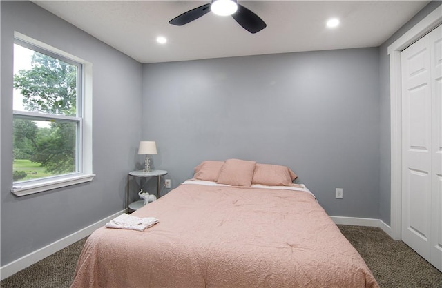 226 Main Street Ext, Callery Boro, PA 16024 - bedroom with dark carpet, multiple windows, recessed lighting, ceiling fan, and a closet