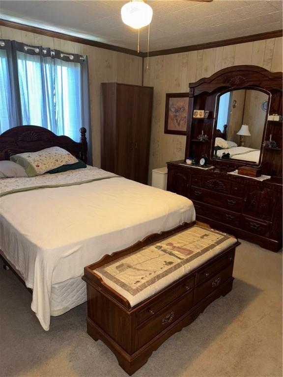 33 Spruce St, Natrona, PA 15065 - bedroom with carpet floors, wooden walls, and ornamental molding
