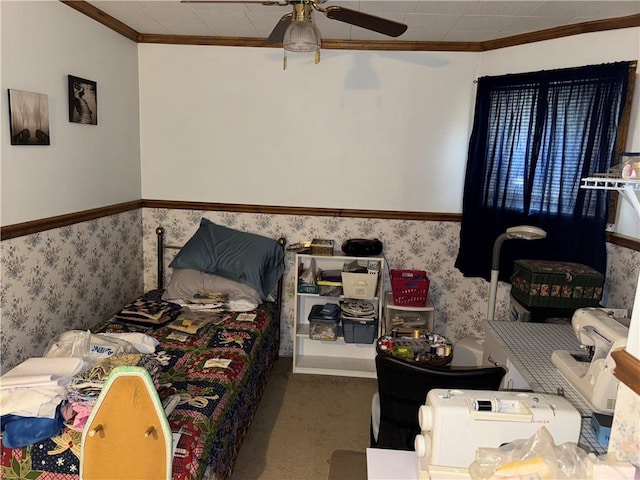 33 Spruce St, Natrona, PA 15065 - carpeted bedroom featuring wallpapered walls, ornamental molding, a wainscoted wall, and a ceiling fan